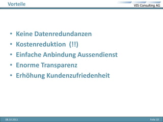 Keine DatenredundanzenKostenreduktion  (!!)Einfache Anbindung AussendienstEnorme TransparenzErhöhung KundenzufriedenheitVorteile