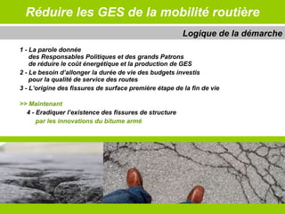 Réduire les GES de la mobilité routière 1 - La parole donnée    des Responsables Politiques et des grands Patrons    de réduire le coût énergétique et la production de GES 2 - Le besoin d’allonger la durée de vie des budgets investis    pour la qualité de service des routes 3 - L’origine des fissures de surface première étape de la fin de vie >> Maintenant 4 - Eradiquer l’existence des fissures de structure  par les innovations du bitume armé Logique de la démarche 