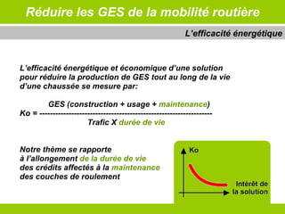 Réduire les GES de la mobilité routière L’efficacité énergétique et économique d’une solution pour réduire la production de GES tout au long de la vie  d’une chaussée se mesure par: GES (construction + usage +  maintenance ) Ko = ----------------------------------------------------------------- Trafic X  durée de vie Notre thème se rapporte  à l’allongement  de la durée de vie   des crédits affectés à la  maintenance   des couches de roulement   L’efficacité énergétique 