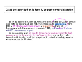 Datos de seguridad en la fase 4, de post-comercialización El 17 de agosto de 2011 el Ministerio de Sanidad de Japón emitió una nota de seguridad por haberse encontrado  asociación  entre DAB y  81 efectos adversos graves  y  5 muertes , desde el lanzamiento del fármaco en enero de 2011,  habiéndose tratado 64.000 personas en el país .  La nota añade que  no puede descartarse completamente DAB como causa de la muerte de los 5 pacientes , uno de los cuales tenía insuficiencia renal (en la que está contraindicado) y cuatro eran mayores de 80 años.   