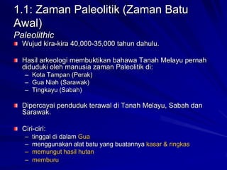 1.1: Zaman Paleolitik (Zaman Batu
Awal)
Paleolithic
Wujud kira-kira 40,000-35,000 tahun dahulu.

Hasil arkeologi membuktikan bahawa Tanah Melayu pernah
diduduki oleh manusia zaman Paleolitik di:
– Kota Tampan (Perak)
– Gua Niah (Sarawak)
– Tingkayu (Sabah)

Dipercayai penduduk terawal di Tanah Melayu, Sabah dan
Sarawak.
Ciri-ciri:
–
–
–
–

tinggal di dalam Gua
menggunakan alat batu yang buatannya kasar & ringkas
memungut hasil hutan
memburu

 