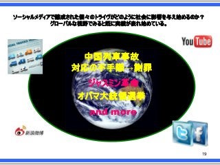 ソーシャルメディアで醸成された個々のトライヴがどのように社会に影響を与え始めるのか？
グローバルな視野でみると既に実績が表れ始めている。

中国列車事故
対応の不手際→謝罪
ジャスミン革命
オバマ大統領選挙
and more

19

 