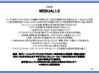【仮説】

WEBUAL1.0
ウェブ＇WEB（とリアル＇REAL（の情報が可視化され、双方の情報が合わせ鏡のように一対となった状態
＇二重の補完状態＝DUAL（になり、WEB3.0までは実現できなかった現実を突き動かす力強い相互の
コミュニケーションが加速・蓄積される可能性があるのではないか？
=デバイドを克服する可能性があるのではないか？
・・・従来ではなしえなかった広がりのあるトライヴ
＇デジタルとアナログが出会う場づくり＝企業内文化等（が生まれる可能性
・・・未体験の信頼感・絆が醸成され、今までになかった柔軟なコミュニティ
＇企業・土地・世代に束縛されない（が生まれる可能性
・・・WEBもREALも双方が重なりDUAL化することにより、情報・存在・行動といった社会的な
つながりがすべて非ヴァーチャルな力を得る。
＝ネットとリアルがDUALに融合する社会
＇アイデンティティは一つだ＝マーク・マークザッカーバーグが提唱する透明性原理主義？（
結局、何がソーシャルメディアに火をつけたのか？時空を超えた情報量・情報の速度?
ゆるいつながりが生み出す今までにないコミュニケーション？実名が生み出す信頼感?
■私の現時点での回答■
都市型コミュニティの再形成に最も有効な手段なのではないか？
＝WEBUALの原初形態
25

 