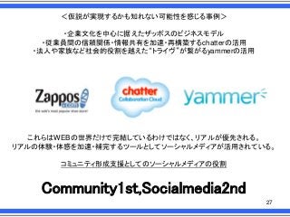＜仮説が実現するかも知れない可能性を感じる事例＞

・企業文化を中心に据えたザッポスのビジネスモデル
・従業員間の信頼関係・情報共有を加速・再構築するchatterの活用
・法人や家族など社会的役割を越えた“トライヴ”が繋がるyammerの活用

これらはWEBの世界だけで完結しているわけではなく、リアルが優先される。
リアルの体験・体感を加速・補完するツールとしてソーシャルメディアが活用されている。
コミュニティ形成支援としてのソーシャルメディアの役割

Community1st,Socialmedia2nd
27

 