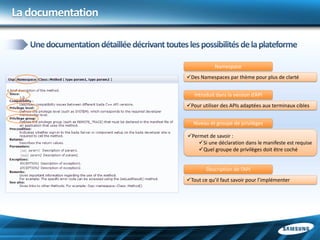 La documentation



                               Namespace
                   Des Namespaces par thème pour plus de clarté


                      Introduit dans la version d’API
                   Pour utiliser des APIs adaptées aux terminaux cibles


                      Niveau et groupe de privilèges

                   Permet de savoir :
                       Si une déclaration dans le manifeste est requise
                       Quel groupe de privilèges doit être coché


                           Description de l’API
                   Tout ce qu’il faut savoir pour l’implémenter
 