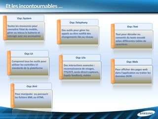 Et les incontournables …
                                                                Osp::System
developer.bada.com




                                                                                                                                        Osp::Telephony




                                                                                             developer.bada.com
                     Toutes les ressources pour                                                                                                                                                      Osp::Text




                                                                                                                                                                     developer.bada.com
                     connaitre l’état du mobile,                                                                           Des outils pour gérer les
                     gérer au mieux la batterie et                                                                         appels ou être notifié des                                     Tout pour décoder ou
                     interagir avec ses accessoires                                                                        changements liés au réseau                                     convertir du texte encodé
                                                                                                                                                                                          selon différentes tables de
                                                                                                                                                                                          caractères


                                                                      Osp::Ui
                     developer.bada.com




                                                                                                                                             Osp::Uix
                                            Comprend tous les outils pour                                     developer.bada.com                                                                    Osp::Web




                                                                                                                                                                     developer.bada.com
                                            utiliser les contrôles UI                                                              Des interactions avancées :
                                            standards de la plateforme                                                             reconnaissance de visages,                             Pour afficher des pages web
                                                                                                                                   TTS/STT, accès direct capteurs,                        dans l’application ou traiter les
                                                                                                                                   haptic feedback, météo                                 données JSON


                                                                        Osp::Xml
                                          developer.bada.com




                                                               Pour manipuler ou parcourir
                                                               les fichiers XML ou HTML
 