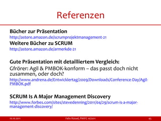Referenzen
Bücher zur Präsentation
http://astore.amazon.de/scrumprojektmanagement-21
Weitere Bücher zu SCRUM
http://astore.amazon.de/armerkde-21


Gute Präsentation mit detailliertem Vergleich:
Gfrörer: Agil & PMBOK-konform – das passt doch nicht
zusammen, oder doch?
http://www.andrena.de/Entwicklertag/2009/Downloads/Conference-Day/Agil-
PMBOK.pdf


SCRUM Is A Major Management Discovery
http://www.forbes.com/sites/stevedenning/2011/04/29/scrum-is-a-major-
management-discovery/

10.10.2011                    Felix Rüssel, PMIFC 10/2011                 45
 