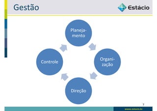 Gestão

                    Planeja-
                     mento



                               Organi-
         Controle
                                zação




                    Direção

                                         7
 