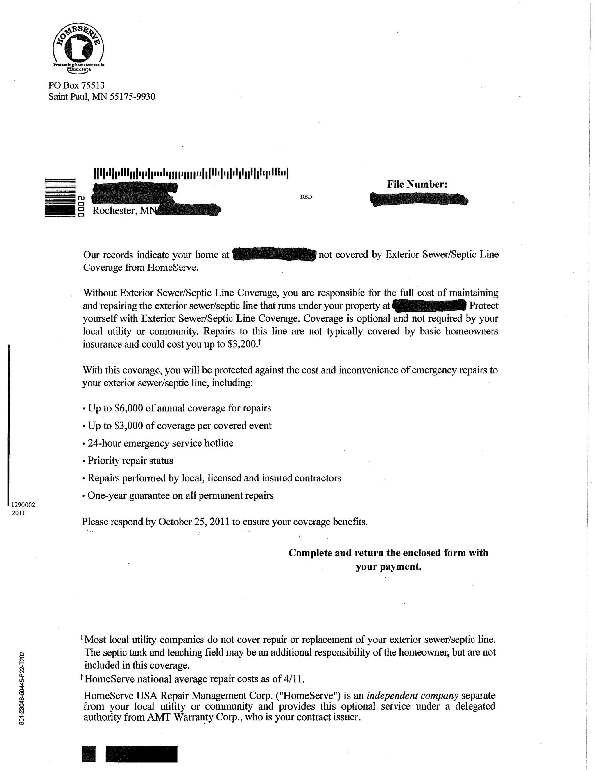 Exterior Sewer/Septic Line Coverage letter PDF