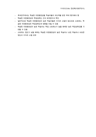111012 Critic 김선희(102ETG11)



-   후속연구에서는 학습된 자원동원성을 학습자들이 피드백을 받은 후에 평가해야 함
-   학습된 자원동원성과 학업성취도 간의 매개변수의 확인
-   일반적으로 학습된 자원동원성이 높은 학습자들은 지식과 스킬이 많으므로 스트레스, 학
    습된 자원동원성과 학업성취도에 영향을 미칠 수 있음
-   학습된 자원동원성이 높은 학습자는 학업 스트레스가 높을 때에만 높은 학업성취도를 기
    대할 수 있음
-   스트레스 정도가 낮을 때에는 학습된 자원동원성이 높은 학습자나 낮은 학습자나 비슷한
    정도의 지식과 스킬 보유
 