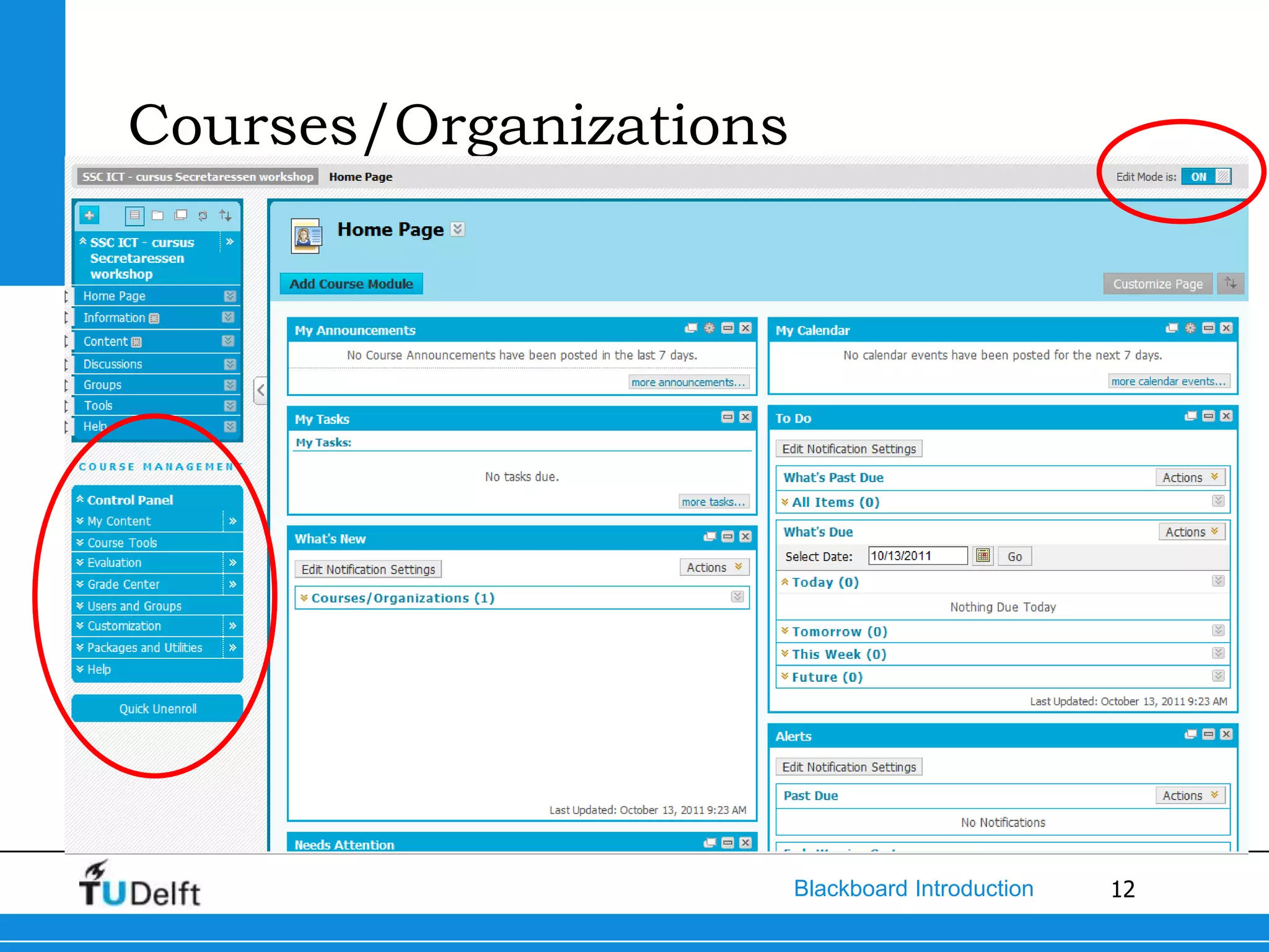 Courses/Organizations




                        Blackboard Introduction   12
 