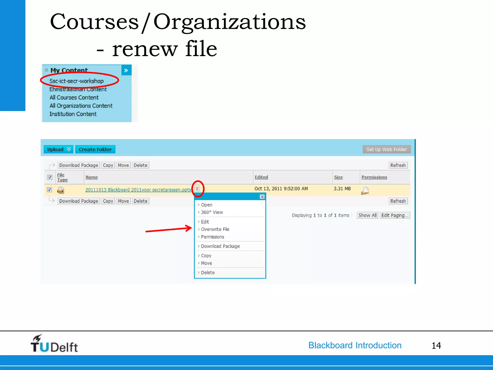 Courses/Organizations
   - renew file




                        Blackboard Introduction   14
 