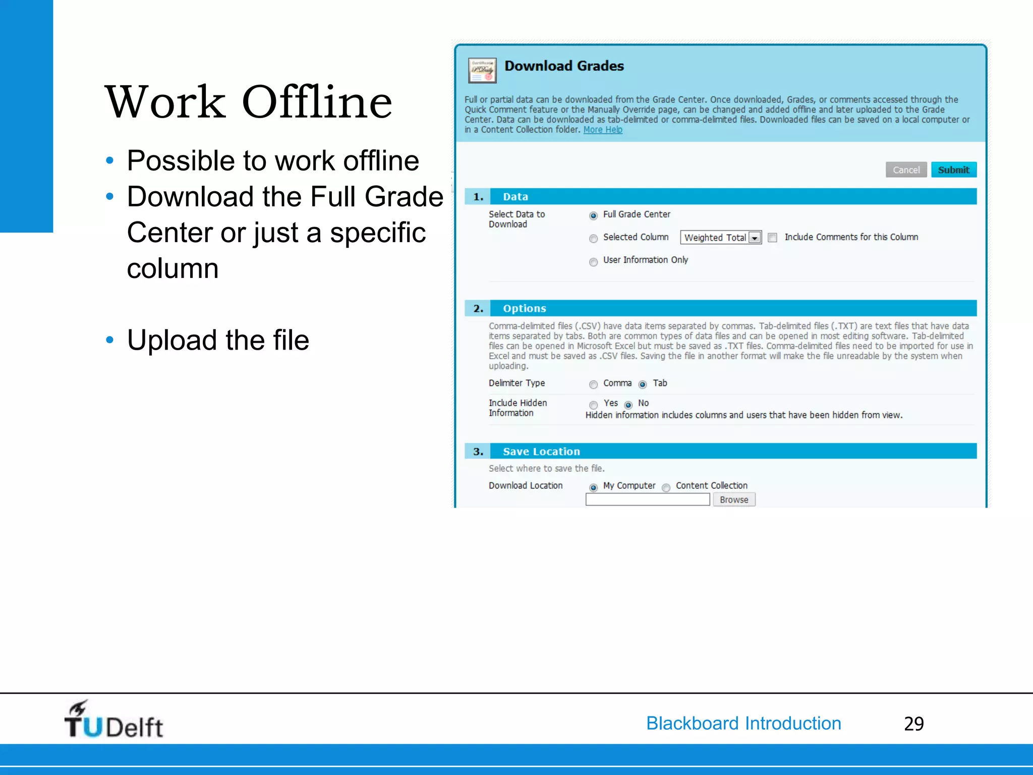 Work Offline
• Possible to work offline
• Download the Full Grade
  Center or just a specific
  column

• Upload the file




                              Blackboard Introduction   29
 
