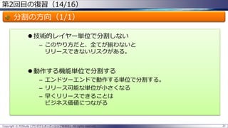 第2回目の復習（14/16）
分割の方向（1/1）
 技術的レイヤー単位で分割しない
– このやり方だと、全てが揃わないと
リリースできないリスクがある。
 動作する機能単位で分割する
– エンドツーエンドで動作する単位で分割する。
– リリース可能な単位が小さくなる
– 早くリリースできることは
ビジネス価値につながる
Copyright © POStudy (プロダクトオーナーシップ勉強会). All rights reserved. 21
 
