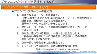 プランニングポーカーと見積もり（2/3）
プランニングポーカー（2/2）
 プランニングポーカーの進め方
1. 基準となるストーリーを決めます。
(早めに着手するであろう)基本的なストーリーで、全員が内容を
想像でき、規模の小さいものを選びます。
基準のストーリーのポイントを２とします。
2. 次のストーリーを選び、その規模を相対的に考え、カードで
一斉に示します。
3. 数が食い違っている場合は、一番大きい数を出した人、
一番小さい数を出した人に理由を言ってもらい、その情報を
共有します。2に戻ります。
4. 数が一致した場合はその数で確定です。
5. ２～３回行って僅差なら、大きい数字を採用します。
35
【参考：@kawaguti - 20110118 scrum 10 mins】
http://www.slideshare.net/kawaguti/20110118-scrum-10-mins
 