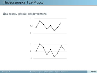 Перестановка Туэ-Морса

Два совсем разных представителя!
                   1


                   0,1



                   0




                   1



                   0


                   −1




Лекция 5           Комбинаторные сложности и всякая всячина   42/42
 