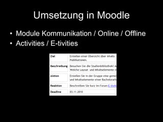 Umsetzung in Moodle Module Kommunikation / Online / Offline Activities / E-tivities 