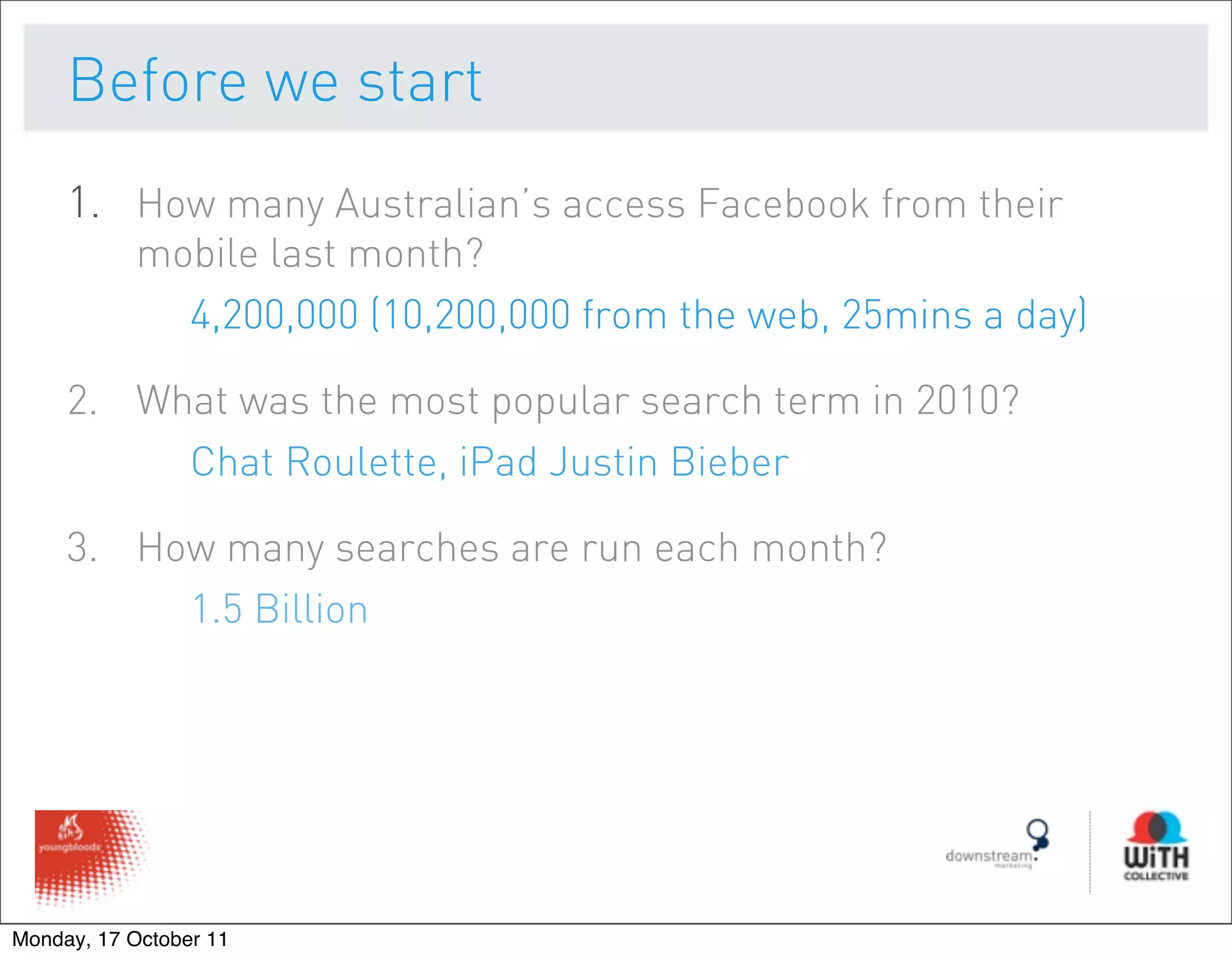 Before we start
     1. How many Australian’s access Facebook from their
           mobile last month?
             4,200,000 (10,200,000 from the web, 25mins a day)

     2. What was the most popular search term in 2010?
          Chat Roulette, iPad Justin Bieber

     3. How many searches are run each month?
          1.5 Billion




Monday, 17 October 11
 