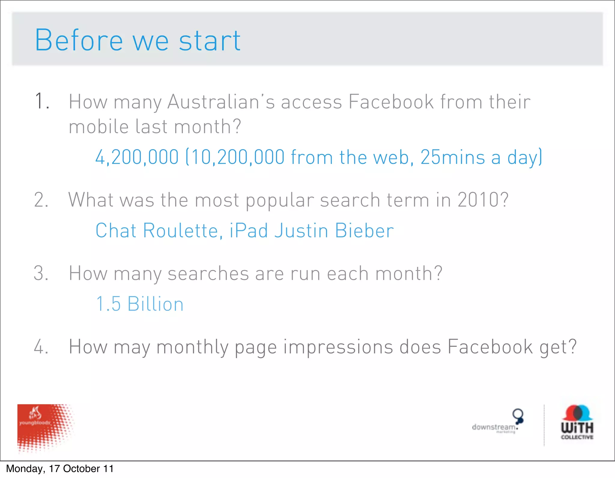 Before we start
     1. How many Australian’s access Facebook from their
           mobile last month?
             4,200,000 (10,200,000 from the web, 25mins a day)

     2. What was the most popular search term in 2010?
          Chat Roulette, iPad Justin Bieber

     3. How many searches are run each month?
          1.5 Billion

     4. How may monthly page impressions does Facebook get?




Monday, 17 October 11
 