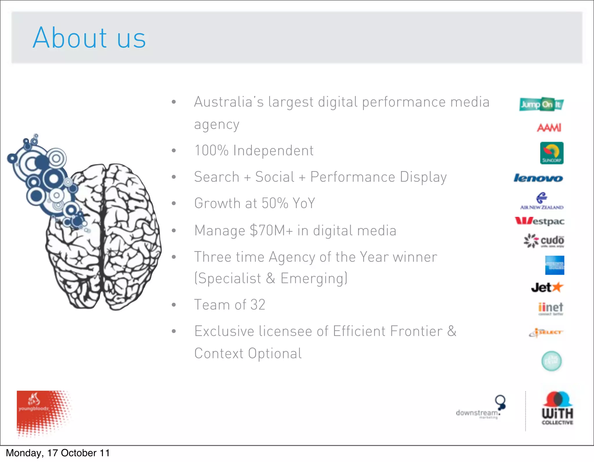 About us
                        •   Australia’s largest digital performance media
                            agency
                        •   100% Independent
                        •   Search + Social + Performance Display
                        •   Growth at 50% YoY
                        •   Manage $70M+ in digital media
                        •   Three time Agency of the Year winner
                            (Specialist & Emerging)
                        •   Team of 32
                        •   Exclusive licensee of Efficient Frontier &
                            Context Optional




Monday, 17 October 11
 