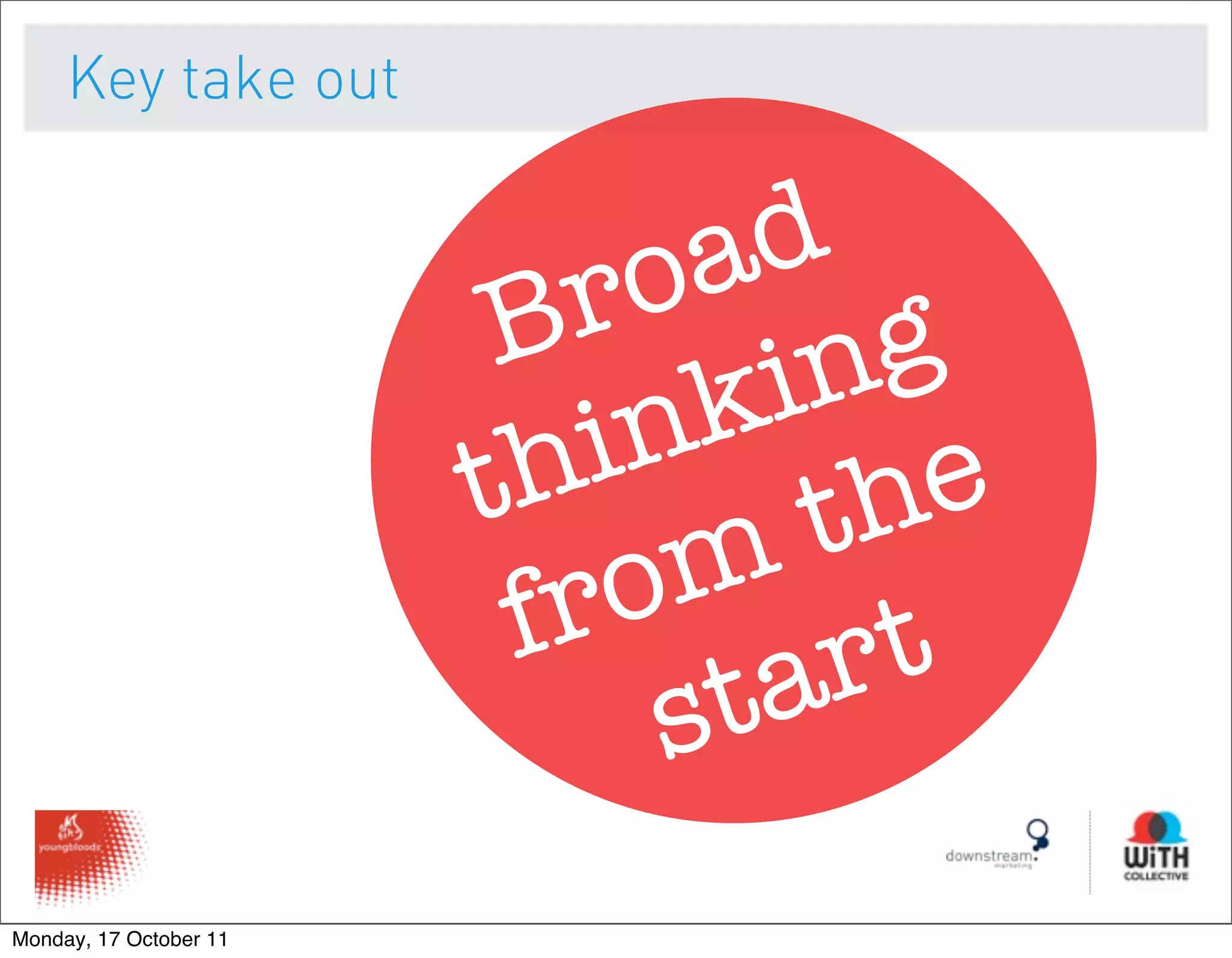 Key take out


                           ro ad
                         B      i ng
                        th i nk e
                                  th
                         fr om t
                             st ar
Monday, 17 October 11
 