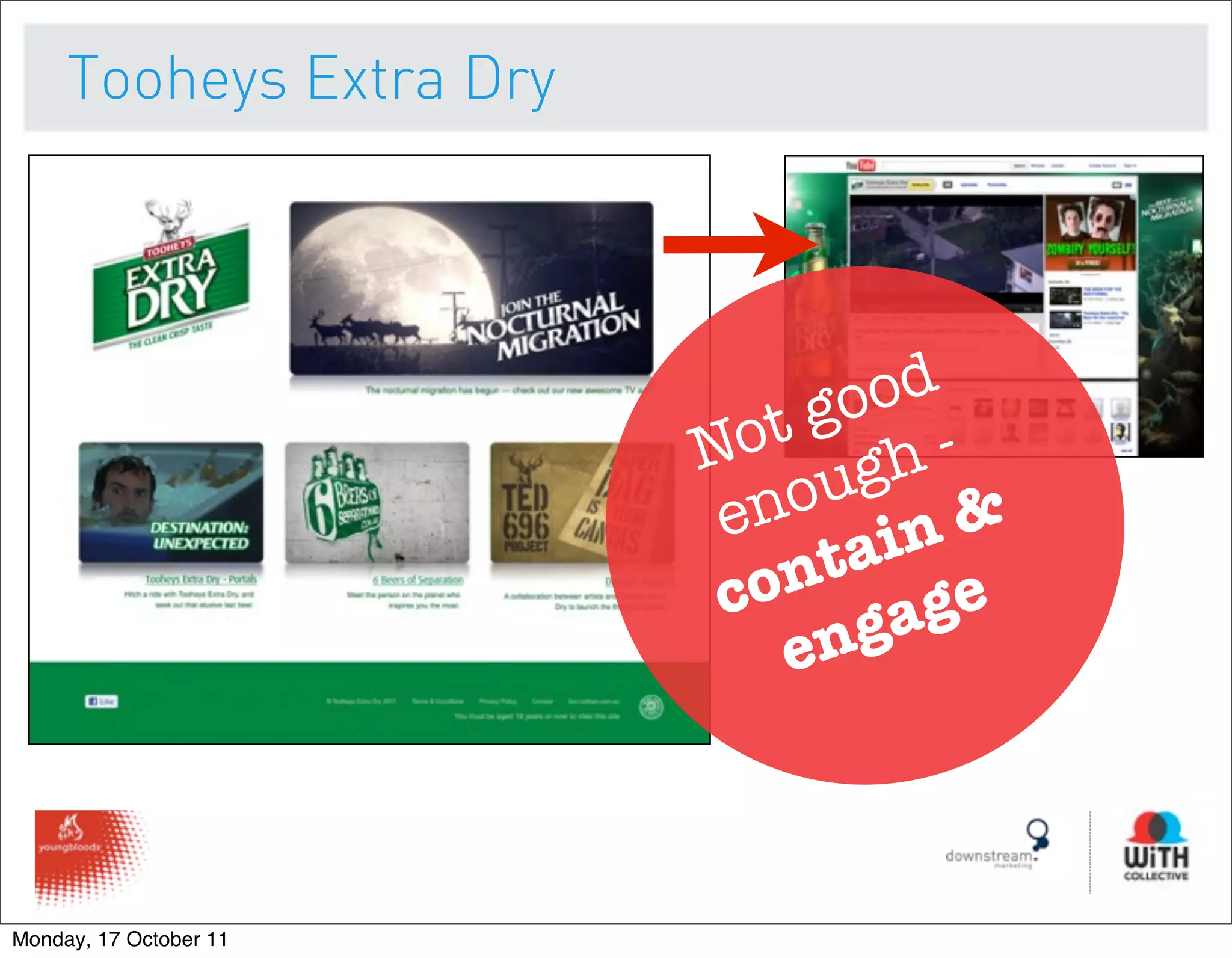 Tooheys Extra Dry




                               ood
                         N ot g h -
                              ug
                          eno in &
                          co nta e
                             en gag



Monday, 17 October 11
 