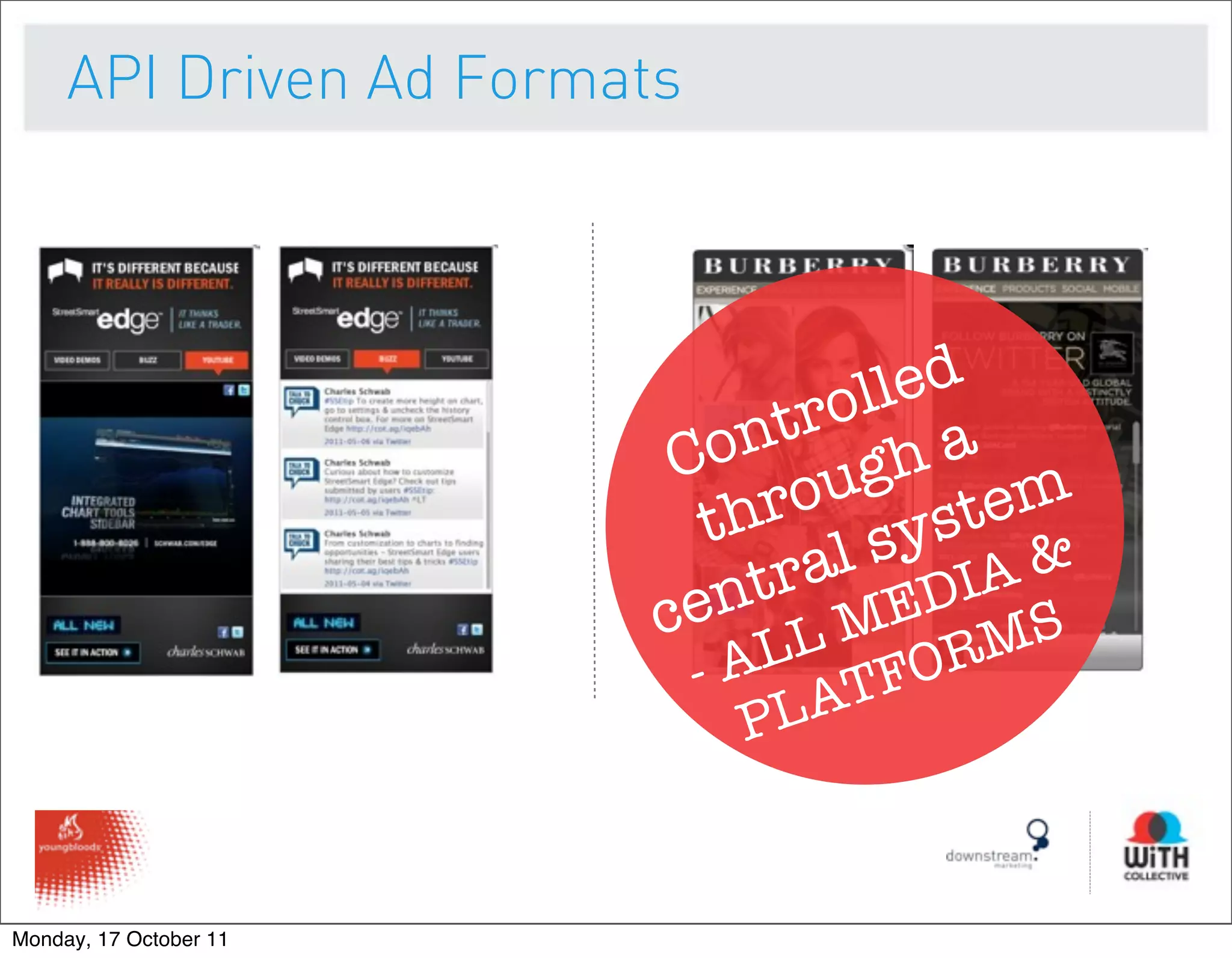 API Driven Ad Formats




                                  lled
                               tro a
                          Con ugh
                            t hro system
                               ral EDIA &
                         c ent M
                                L
                               AL TFOR MS
                             -
                                PLA


Monday, 17 October 11
 