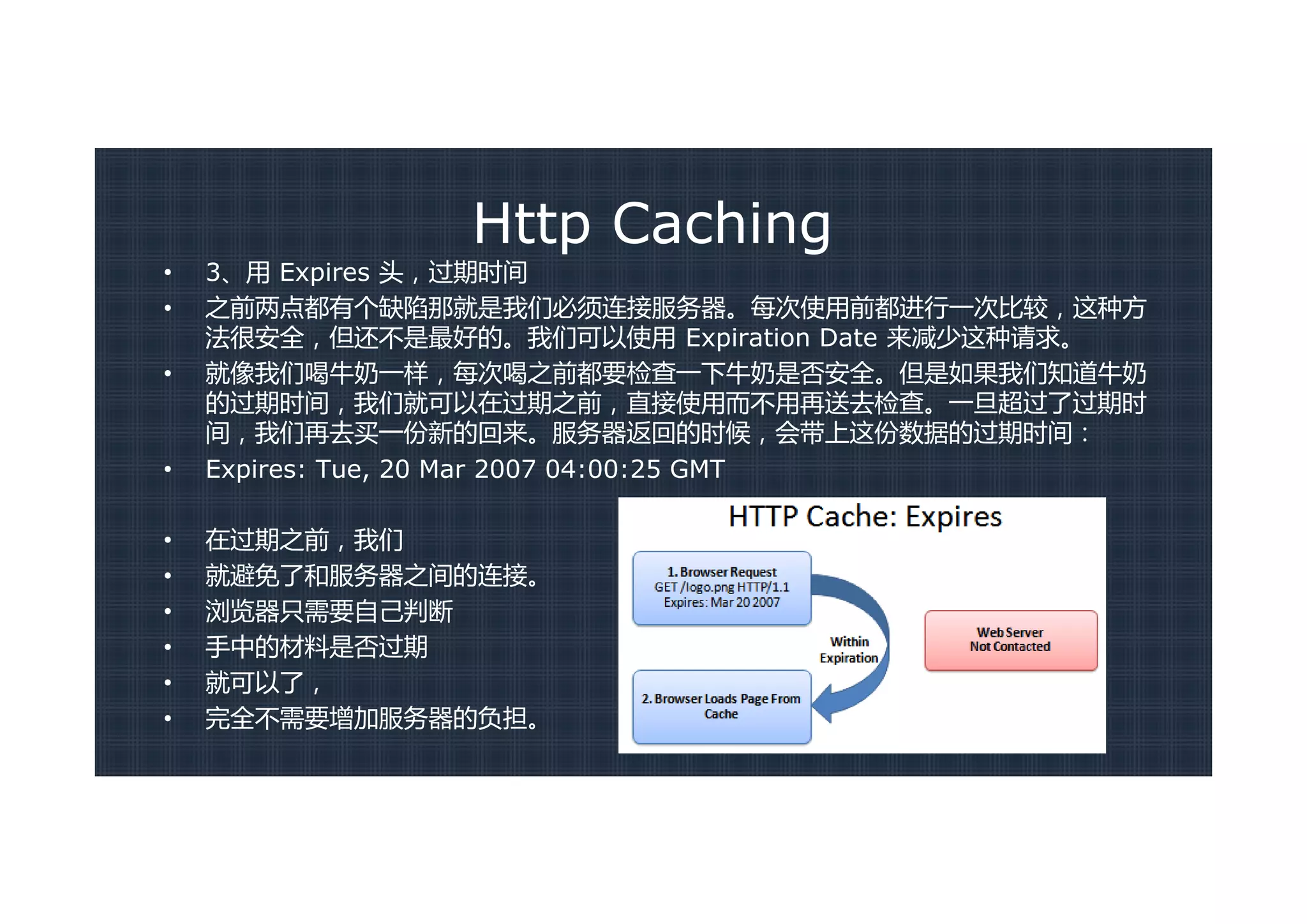 Http Caching
•   3、用 Expires 头，过期时间
•   之前两点都有个缺陷那就是我们必须连接服务器。每次使用前都进行一次比较，这种方
    法很安全，但还不是最好的。我们可以使用 Expiration Date 来减少这种请求。
•   就像我们喝牛奶一样，每次喝之前都要检查一下牛奶是否安全。但是如果我们知道牛奶
    的过期时间，我们就可以在过期之前，直接使用而不用再送去检查。一旦超过了过期时
    间，我们再去买一份新的回来。服务器返回的时候，会带上这份数据的过期时间：
•   Expires: Tue, 20 Mar 2007 04:00:25 GMT

•   在过期之前，我们
•   就避免了和服务器之间的连接。
•   浏览器只需要自己判断
•   手中的材料是否过期
•   就可以了，
•   完全不需要增加服务器的负担。
 