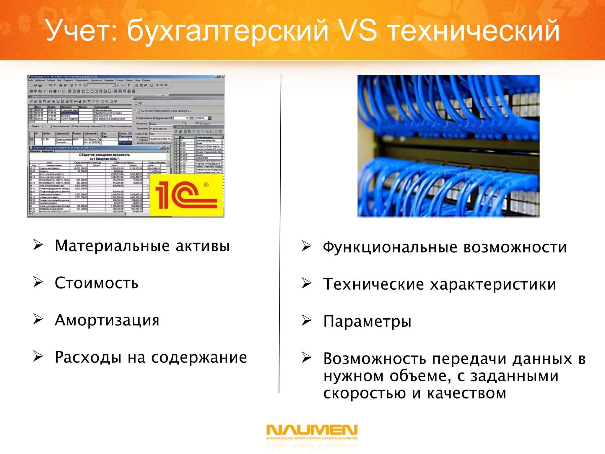 Учет: бухгалтерский  VS  технический Материальные активы Стоимость Амортизация Расходы на содержание Функциональные возможности Технические характеристики Параметры Возможность передачи данных в нужном объеме, с заданными скоростью и качеством 