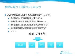 直感に従って設計してみよう

l    品詞の接続に関する知識識を活⽤用しよう
      l    名詞のあとには格助詞が来やすい
      l    格助詞のあとには動詞語幹が来やすい
      l    動詞語幹のあとには活⽤用語尾が来やすい
      l    活⽤用語尾のあとには助動詞が来やすい
      l    ・・・
                       東京に行った	


                  東京   に          ⾏行行   っ   た


                           15	
 