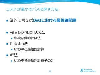 コストが最⼩小のパスを探す⽅方法


l    端的に⾔言えばDAGにおける最短路路問題


l    Viterbiアルゴリズム
      l    単純な動的計画法
l    Dijkstra法
      l    いわゆる最短路路計算
l    A*法
      l    いわゆる最短路路計算その2

                         20	
 