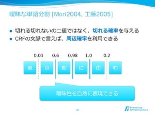 曖昧な単語分割 [Mori2004, ⼯工藤2005]

l    切切れる切切れないの⼆二値ではなく、切切れる確率率率を与える
l    CRFの⽂文脈で⾔言えば、周辺確率率率を利利⽤用できる


             0.01	
   0.6	
       0.98	
     1.0	
       0.2	

         東        京           都         に            住           む



                        曖昧性を⾃自然に表現できる


                                      56	
 