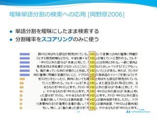 曖昧単語分割の検索索への応⽤用 [岡野原2006]

l    単語分割を曖昧にしたまま検索索する
l    分割確率率率をスコアリングのみに使う




                   57	
 