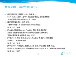 参考⽂文献 – 最近の研究 2/2

l    [岡野原2008] 岡野原  ⼤大輔, 辻井  潤⼀一.
      Shift-Reduce操作に基づく未知語を考慮した形態素解析.
        ⾔言語処理理学会第14回年年次⼤大会, 2008.
l    [森2009] 森  信介, ⼩小⽥田  裕樹.
      3種類の辞書による⾃自動単語分割の精度度向上.
      NL研193, 2009.
l    [Neubig2010] Graham Neubig, 中⽥田  陽介, 森  信介.
      点推定と能動学習を⽤用いた⾃自動単語分割器の分野適応.
      ⾔言語処理理学会第16回年年次⼤大会, 2010.
l    [中⽥田2010] 中⽥田  陽介, Graham Neubig, 森  信介, 河原  達也.
      点予測による形態素解析.
      NL研198, 2010.
l    [坪井2007] 坪井祐太, ⿅鹿鹿島久嗣, 森  信介, ⼩小⽥田裕樹, 松本  裕治.
      部分的かつ曖昧なラベル付き構造データからのマルコフ条件付確率率率場の学習.
      NL研182, 2007.
                                      69	
 