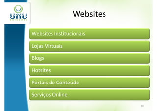 Websites

Websites Institucionais

Lojas Virtuais

Blogs

Hotsites

Portais de Conteúdo

Serviços Online
                             10
 