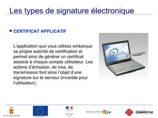 Les types de signature électronique
 CERTIFICAT APPLICATIF
L'application que vous utilisez embarque
sa propre autorité de...