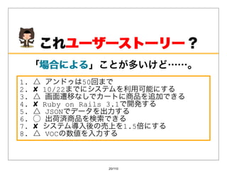 これユーザーストーリー ？
        ユーザーストーリー
     「場合による
      場合による」ことが多いけど……。
1.   △ アンドゥは50回まで
2.   ✘ 10/22までにシステムを利⽤可能にする
3.   △ 画⾯遷移なしでカートに商品を追加できる
4.   ✘ Ruby on Rails 3.1で開発する
5.   △ JSONでデータを出⼒する
6.   ◯ 出荷済商品を検索できる
7.   ✘ システム導⼊後の売上を1.5倍にする
8.   △ VOCの数値を⼊⼒する



                20/110
 