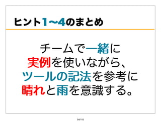 ヒント1〜4
   1〜4のまとめ

  チームで⼀緒
      ⼀緒に
 実例を使いながら、
 実例
ツールの記法を参考に
ツールの記法
晴れと⾬を意識する。
晴れ ⾬

       54/110
 