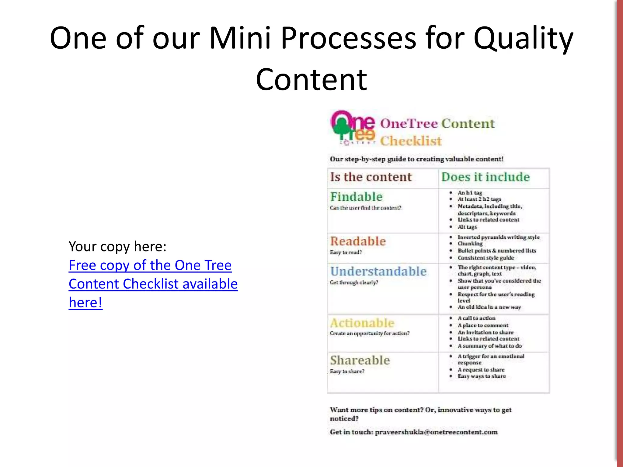 One of our Mini Processes for Quality
              Content



 Your copy here:
 Free copy of the One Tree
 Content Checklist available
 here!
 