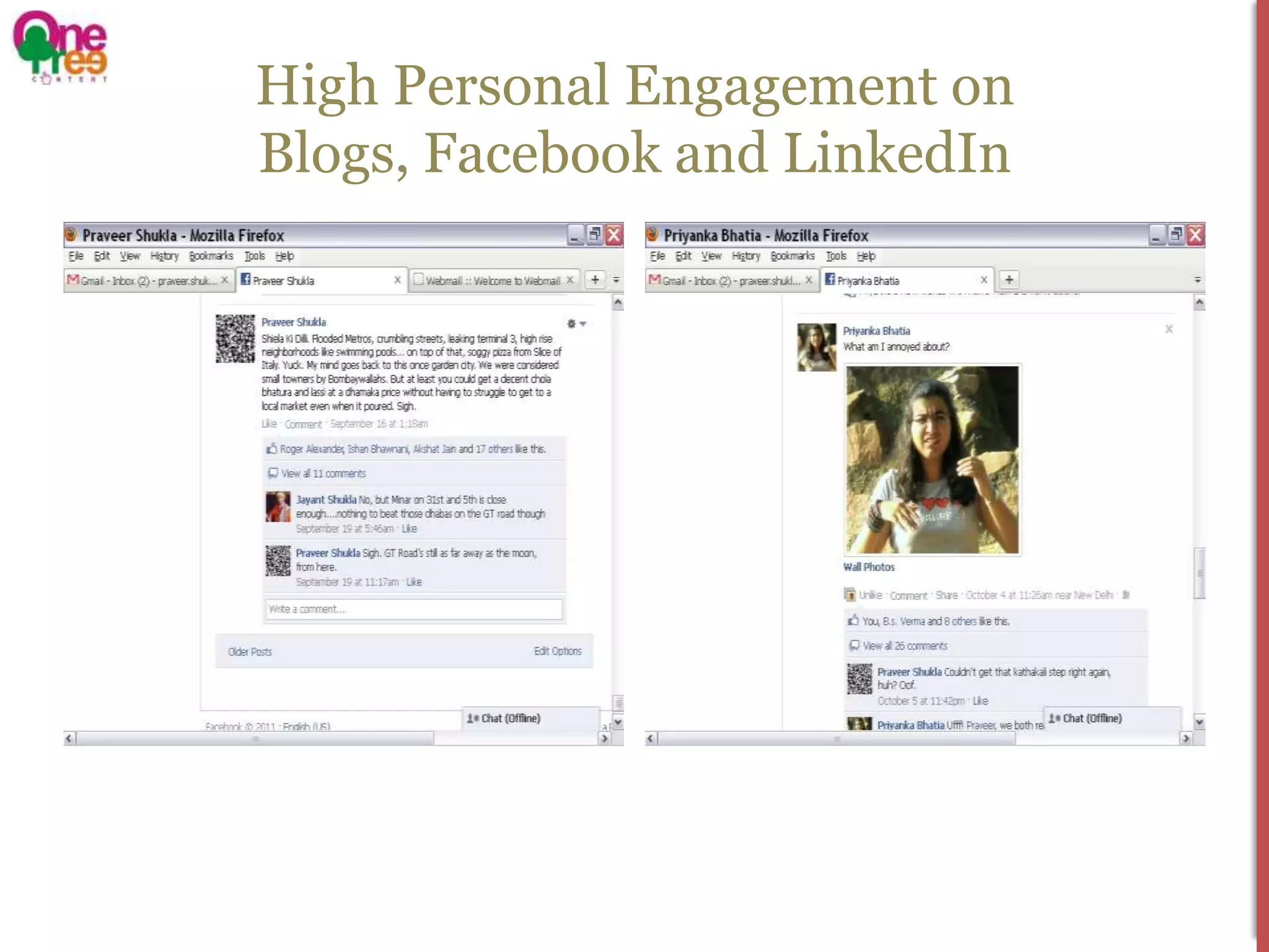 High Personal Engagement on
Blogs, Facebook and LinkedIn
 