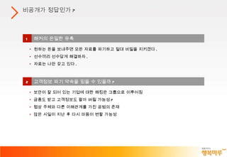 비공개가 정답인가 ? 1 해커의 은밀한 유혹 원하는 돈을 보내주면 모든 자료를 파기하고 절대 비밀을 지키겠다 . 선수끼리 선수답게 해결하자 . 자료는 나만 갖고 있다 . 2 고객정보 파기 약속을 믿을 수 있을까 ? 보안이 잘 되어 있는 기업에 대한 해킹은 그룹으로 이루어짐 금품도 받고 고객정보도 팔아 버릴 가능성 ? 협상 주체와 다른 이해관계를 가진 공범의 존재 많은 시일이 지난 후 다시 마음이 변할 가능성 