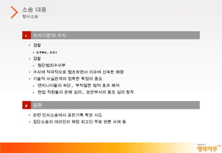 소송 대응 형사소송 1 수사기관의 수사 경찰 - CTRC, CCI 검찰 -  첨단범죄수사부 수사에 적극적으로 협조하면서 이슈에 신속한 해명 기술적 사실관계의 정확한 확정이 중요 -  엔지니어들의 속단 ,  부적절한 법적 효과 해석 -  현업 직원들의 은폐 심리 ,  보안부서의 동조 심리 참작 2 공판 관련 민사소송에서 공판기록 확보 시도 집단소송의 대리인이 해킹 피고인 무료 변론 사례 등 