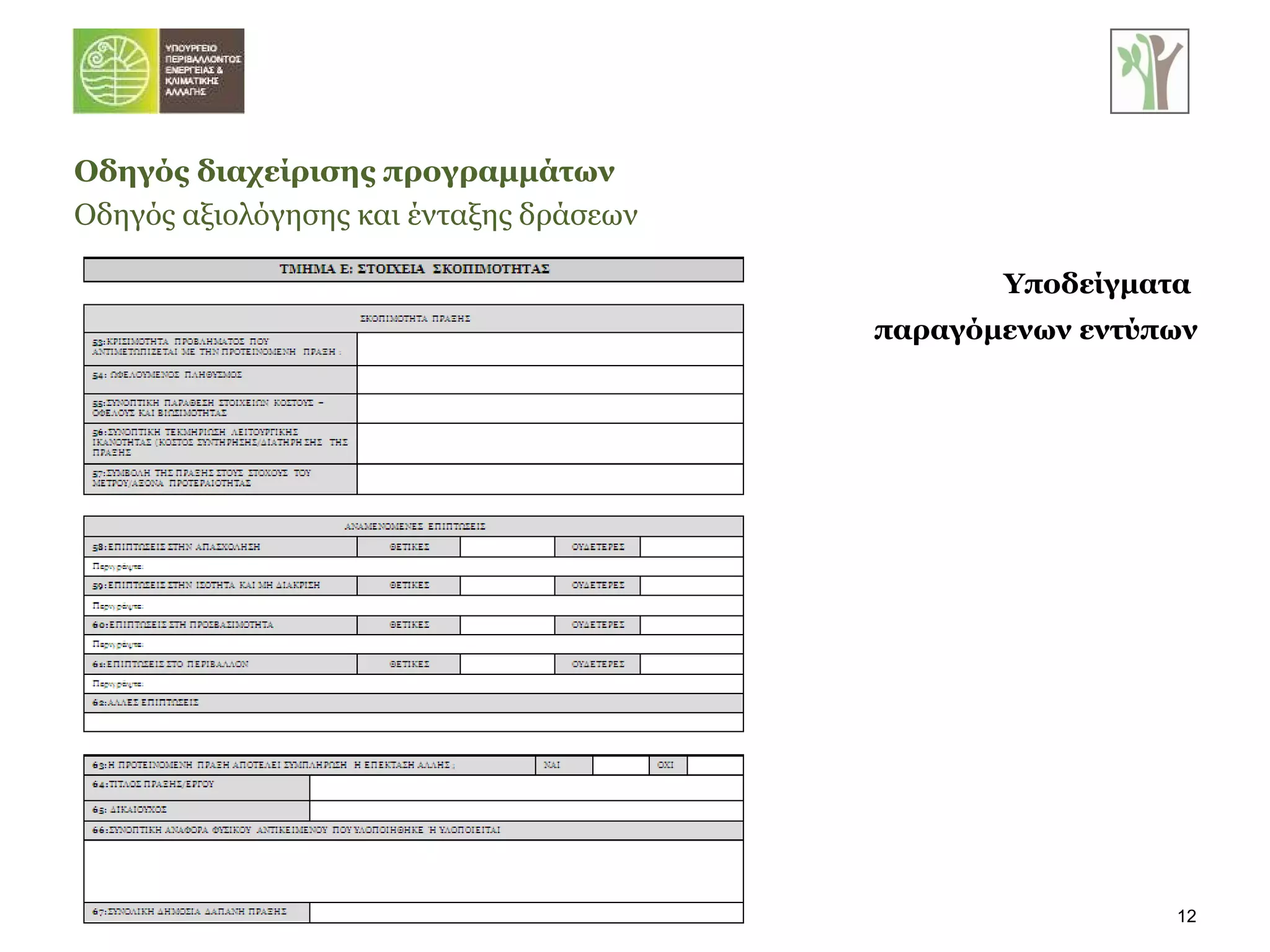 Οδηγός διαχείρισης προγραμμάτων Οδηγός αξιολόγησης και ένταξης δράσεων   Υποδείγματα  παραγόμενων εντύπων 