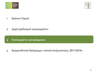 1 Πράσινο Ταμείο 2 Αρχές σχεδιασμού προγραμμάτων 3 Εγκεκριμένα προγράμματα 4 Χρηματοδοτικό Πρόγραμμα «Αστική Αναζωογόνηση , 2011-2014» 