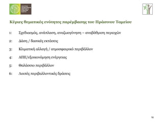 1:  Σχεδιασμός, ανάπλαση, αναζωογόνηση – αναβάθμιση περιοχών 2:  Δάση / δασικές εκτάσεις 3:  Κλιματική αλλαγή / ατμοσφαιρικό περιβάλλον 4:  ΑΠΕ/εξοικονόμηση ενέργειας 5:  Θαλάσσιο περιβάλλον 6:  Λοιπές περιβαλλοντικές δράσεις Κύριες θεματικές ενότητες παρέμβασης του Πράσινου Ταμείου 