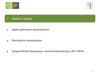 1 Πράσινο Ταμείο 2 Αρχές σχεδιασμού προγραμμάτων 3 Εγκεκριμένα προγράμματα 4 Χρηματοδοτικό Πρόγραμμα «Αστική Αναζωογόνηση , 2011-2014» 