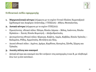 1. Μητροπολιτικά κέντρα  (σύμφωνα με το ισχύον Γενικό Πλαίσιο Χωροταξικού Σχεδιασμού και Αειφόρου Ανάπτυξης / ΓΠΧΣΑΑ):  Αθήνα, Θεσσαλονίκη. 2.  Αστικά κέντρα  (σύμφωνα με το ισχύον ΓΠΧΣΑΑ): Πρωτεύοντες  εθνικοί πόλοι: Πάτρα, δίπολο Λάρισα – Βόλος, Ιωάννινα, δίπολο Ηράκλειο – Χανιά, δίπολο Κομοτηνή – Αλεξανδρούπολη. Δευτερεύοντες εθνικοί πόλοι: Κέρκυρα, Κοζάνη, Λαμία, Καβάλα, δίπολο Τρίπολη – Καλαμάτα, Ρόδος, Ερμούπολη, Μυτιλήνη και Χίος. Λοιποί εθνικοί πόλοι : Αγρίνιο, Δράμα, Καρδίτσα, Κατερίνη, Ξάνθη, Σέρρες και Τρίκαλα. 3.  Λοιπές πόλεις και οικισμοί Αστικά κέντρα και οικισμοί που δεν   ανήκουν στις κατηγορίες Α και Β, με πληθυσμό άνω των 5.000 κατοίκων. Ενδεικτικό πεδίο εφαρμογής 