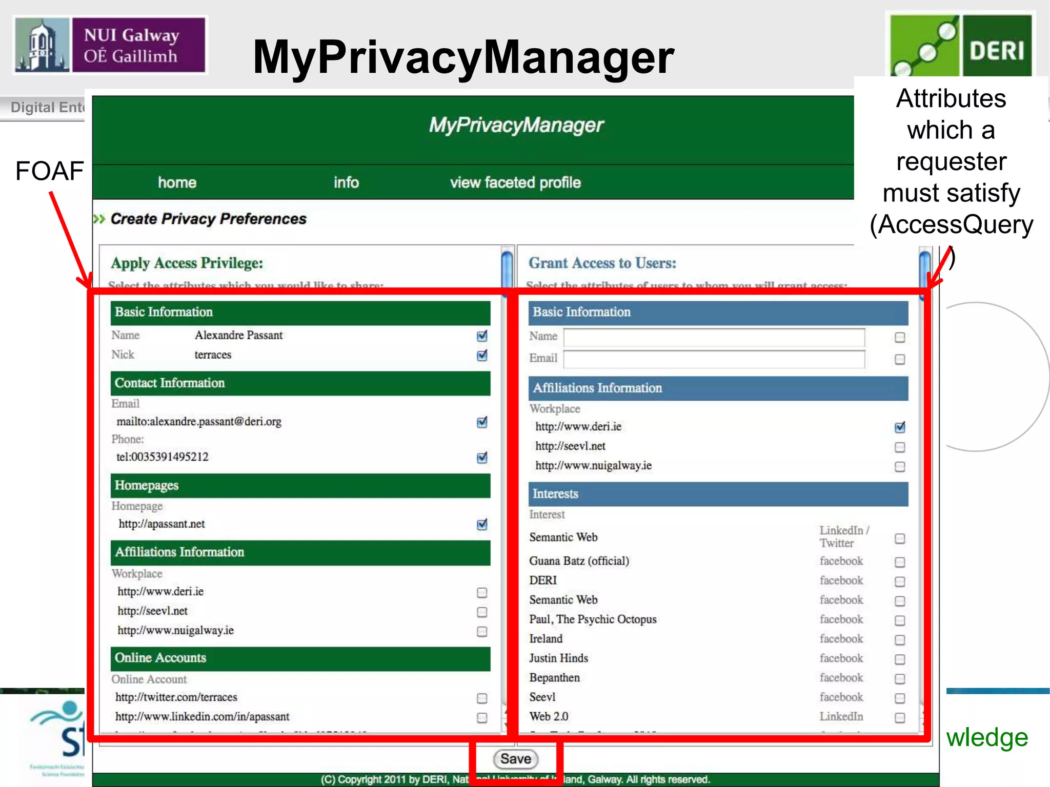 MyPrivacyManager
Digital Enterprise Research Institute                               Attributes
                                                                         www.deri.ie
                                                                     which a
FOAF                                                                requester
                                                                   must satisfy
                                                                  (AccessQuery
                                                                         )




                                                  Enabling Networked Knowledge
 