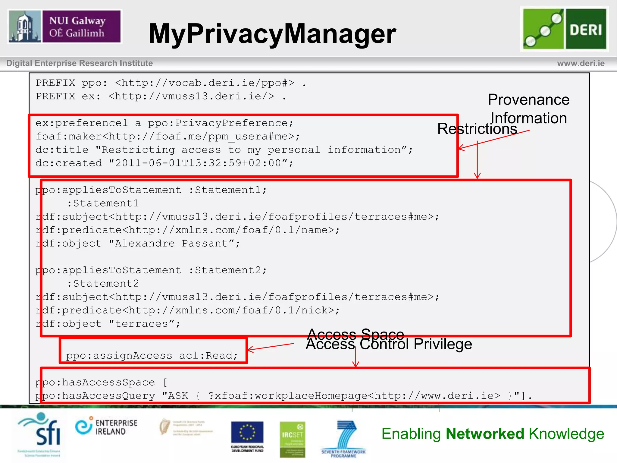 MyPrivacyManager
Digital Enterprise Research Institute                                                www.deri.ie

       PREFIX ppo: <http://vocab.deri.ie/ppo#> .
       PREFIX ex: <http://vmuss13.deri.ie/> .                              Provenance
       ex:preference1 a ppo:PrivacyPreference;                             Information
       foaf:maker<http://foaf.me/ppm_usera#me>;                    Restrictions
       dc:title "Restricting access to my personal information”;
       dc:created "2011-06-01T13:32:59+02:00”;

       ppo:appliesToStatement :Statement1;
            :Statement1
       rdf:subject<http://vmuss13.deri.ie/foafprofiles/terraces#me>;
       rdf:predicate<http://xmlns.com/foaf/0.1/name>;
       rdf:object "Alexandre Passant”;

       ppo:appliesToStatement :Statement2;
            :Statement2
       rdf:subject<http://vmuss13.deri.ie/foafprofiles/terraces#me>;
       rdf:predicate<http://xmlns.com/foaf/0.1/nick>;
       rdf:object "terraces”;
                                               Access Space
                                               Access Control Privilege
               ppo:assignAccess acl:Read;

       ppo:hasAccessSpace [
       ppo:hasAccessQuery "ASK { ?xfoaf:workplaceHomepage<http://www.deri.ie> }"].


                                                           Enabling Networked Knowledge
 