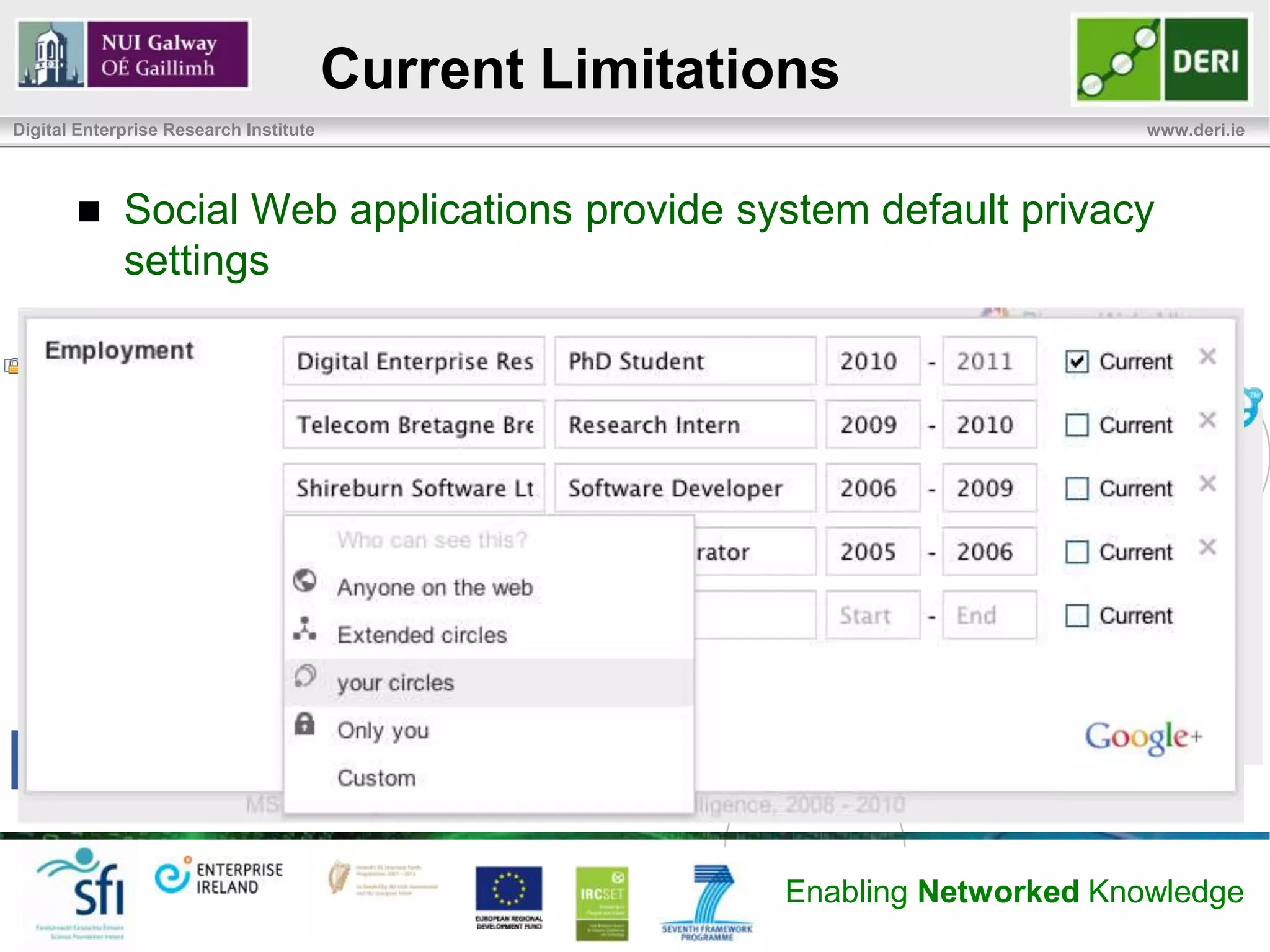 Current Limitations
Digital Enterprise Research Institute                                         www.deri.ie




            Social Web applications provide system default privacy
             settings




                                                        Enabling Networked Knowledge
 